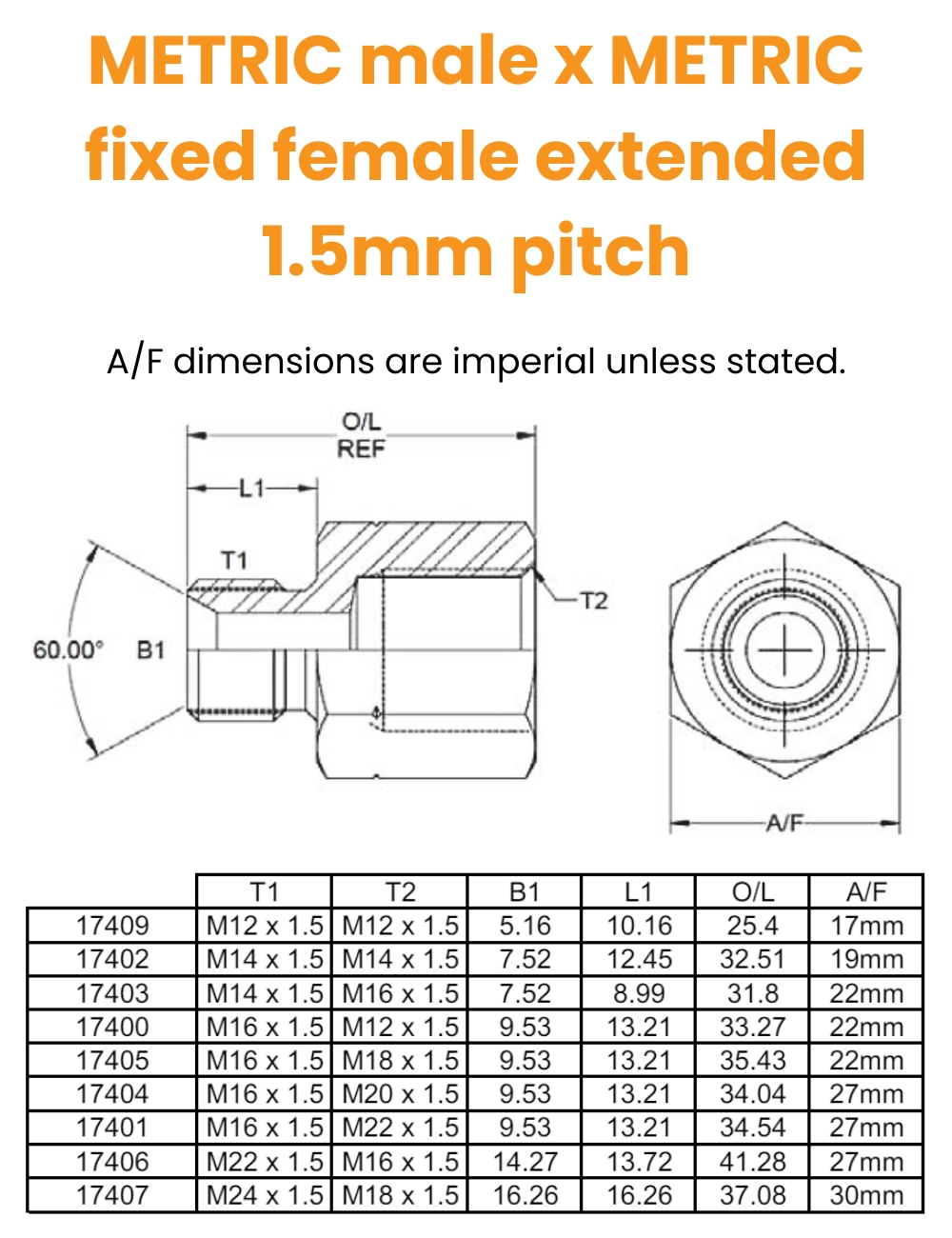M12 x M12 M/Fix Fem Ext 1.5mm Pitch Hydraulic Adaptor